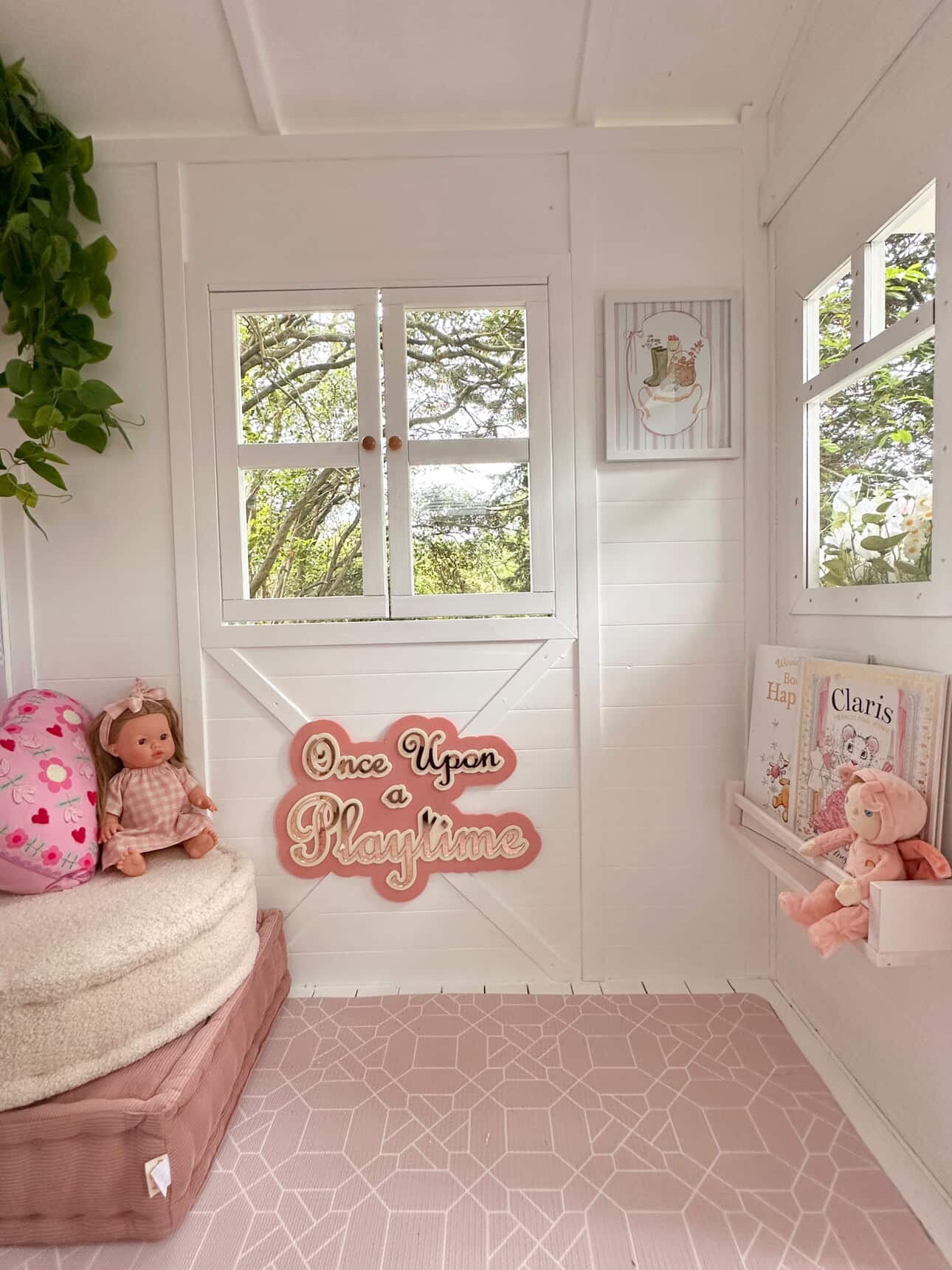 Run Forrest Blush Play Mat in Small. Pink geometric design with bears and pink trees