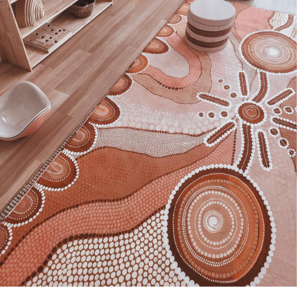 Vibrant Australian Aboriginal art rug adorned with traditional motifs, highlighting the beauty of Indigenous artistry and culture.