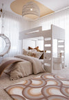 Kids bedroom showing the Archie Retro Large Playmat on the floor. Side A of the playmat shows a brown arch pattern.