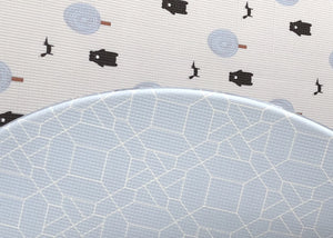 Two sides of Forrest Baby Blue playmat. Side A has a blue geometric pattern and side B has a tree and bear pattern. 