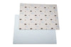 Two sides of Forrest Baby Blue playmat. Side A has a blue geometric pattern and side B has a tree and bear pattern. 